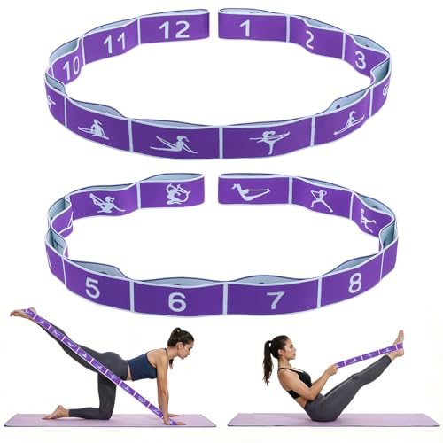 2pcs Yoga Straps for Stretching 12 Gears Elastic Bands for Exercise Stretch Band with Loops for Pilates, Yoga, Ballet, Gymnastics for Women Men, Improves Body Flexibility
