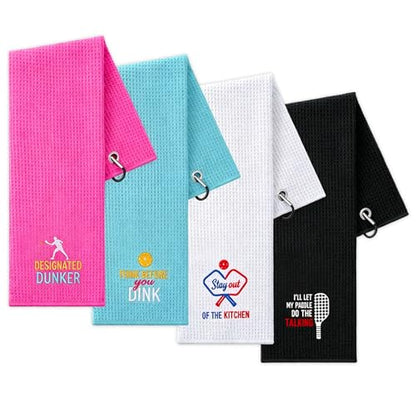 4 Pcs Pickleball Towels, Microfiber Embroidered Waffle Athletic Towel 16" x 24" with Clip Pickleball Fan Accessories for Women Men Ball Gifts Gym Towels