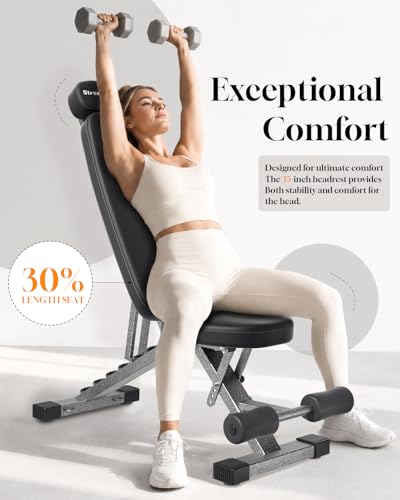 Fitness Bench, Adjustable, Comfortable, Fashionable, Foldable and Extended Headrest with 192 Positions Incline Decline 900LBS Home Gym Bench for Strength Training
