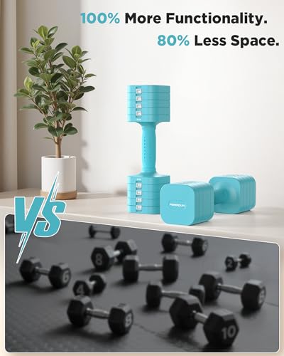 FEIERDUN DB3 5-in-1 Adjustable Dumbbell Set, 6LB/10LB Pair Adjustable Weights for Women at Home, Dual Locking Stable Hand Weights with TPU Soft Handle, Home Gym, Rehab, Pilates, Yoga, Strength Training - color: C-Mint Blue, style: 10LBS Pair (20LBS Total)