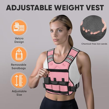 Adjustable Weighted Vest, 4-10lb/12-18lb/20-32lb Vest with 6 Ironsand Weights and Large Pocket, Weight Vest for Men Women Strength Training, Running, Walking - color: Pastel Pink, size: 20-32lbs