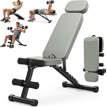 XDDIAS Workout Bench, 10 Backrests Adjustable Weight Bench with Extended Headrest, 800LBS Foldable Weight Bench for Home Gym, Incline Decline Flat Bench Compact for Small Space Training - color: Gray