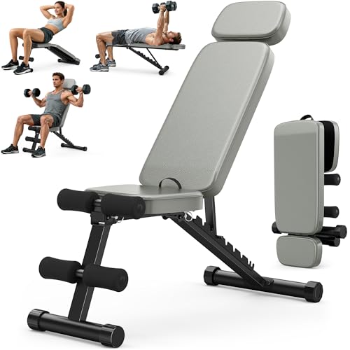 XDDIAS Workout Bench, 10 Backrests Adjustable Weight Bench with Extended Headrest, 800LBS Foldable Weight Bench for Home Gym, Incline Decline Flat Bench Compact for Small Space Training - color: Gray