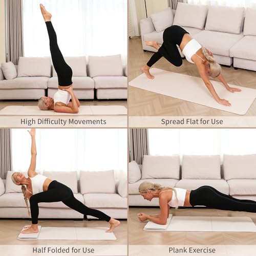 PAIDU Foldable Yoga Mat - 10mm Extra Thick, 75"26" Non-Slip Exercise Fitness Mat | SGS Eco-Certified, Portable for Yoga/Pilates/Studio/Home Workout - color: Beige