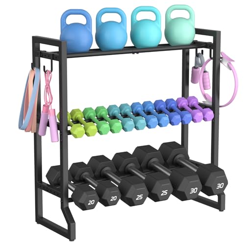 VOPEAK 3 Tier Dumbbell Rack, 400LB Capacity Dumbbell Rack Stand with 4 Hooks, Space-Saving Weight Rack for Home Gym, Weight Storage Organizer for Kettlebells (Rack Only)