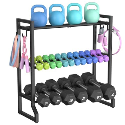 VOPEAK 3 Tier Dumbbell Rack, 400LB Capacity Dumbbell Rack Stand with 4 Hooks, Space-Saving Weight Rack for Home Gym, Weight Storage Organizer for Kettlebells (Rack Only)