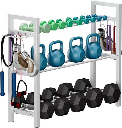Adjustable Dumbbell Rack, Weight Storage Stand Holder for Dumbbells & Kettlebells, Heavy-Duty Metal Home Gym Workout Organizer with Hook for Gym Equipment Accessories (Rack Only) - color: White, style: 3 tier