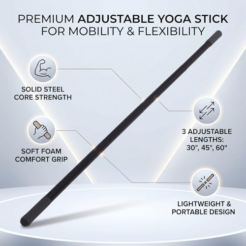 Adjustable Yoga Stick Steel Core Foam Covered Stretching Bar for Pilates Flexibility Training, 30/45/60 Inch Mobility Exercise Stick with Workout Guide
