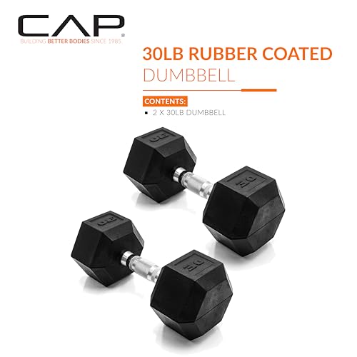 CAP Rubber Coated Dumbbell Weights, Free Weights for Home Gym Strength Training, Anti-Roll Hex Dumbbells with Black, Chrome & Comfort Grip Handles, Pairs & Sets - size: 30 lb - Pair, style: Chrome Handle