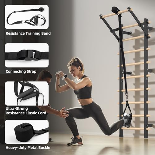 Swedish Ladder, Wood Stall Bar with Suspension Trainer Straps, Pull-Up Dip Bar Attachment, Strategic Rods, for Home, School, hysical Therapy and Gymnastics