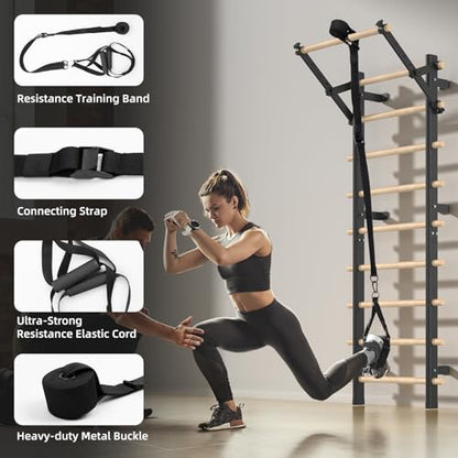 Swedish Ladder, Wood Stall Bar with Suspension Trainer Straps, Pull-Up Dip Bar Attachment, Strategic Rods, for Home, School, hysical Therapy and Gymnastics