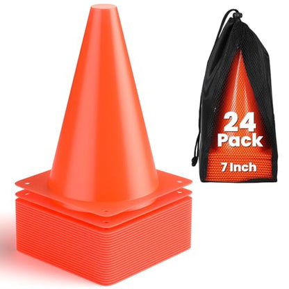 GHB Soccer Cones 7" 9" of 12 24 Pack Disc Soccer Sport Cones Training Field Marker Agility Cones for Basketball, Coaching, Practice Equipment Includes Drills Guide