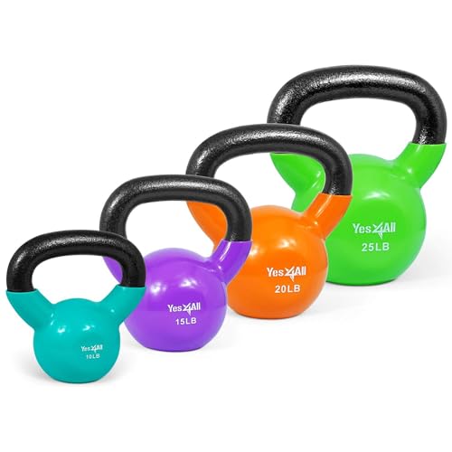 Yes4All Kettlebell, Vinyl Coated Kettlebell Cast Iron Sets with Stable Flat Bottom for Full Body Workout, Push up, Grip Strength Training & Weights Exercises - color: Multicolor, style: 10 - 25lb