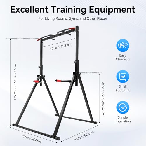 Power Tower Pull Up Dip Station, Foldable Triangular Pull Up Station Adjustable Height, Multi-Function Pull Up Bar Strength Training Fitness Equipment, Horizontal Bars for Gyms, Home