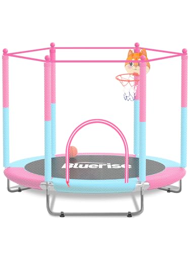60" Trampoline for Kids 5FT Toddler Trampolines Indoor/Outdoor with Adjustable Gymnastics Bar & Safety Net, No-Gap Design, Anti-Rollover Bottom, Basketball Hoop, Gifts for Boys & Girls - color: Pink - Classic
