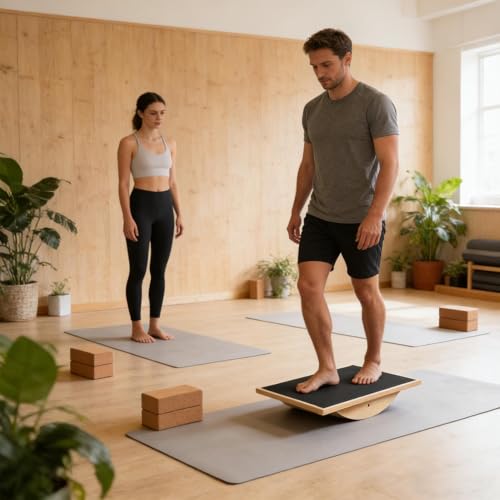 Wooden Balance Board - Non Slip Fitness Rocker Plate, Heavy Duty Professional Exercise Base | Rectangular Core Strength Trainer Standing Desk for Home Gym Office Adults Teens Youth