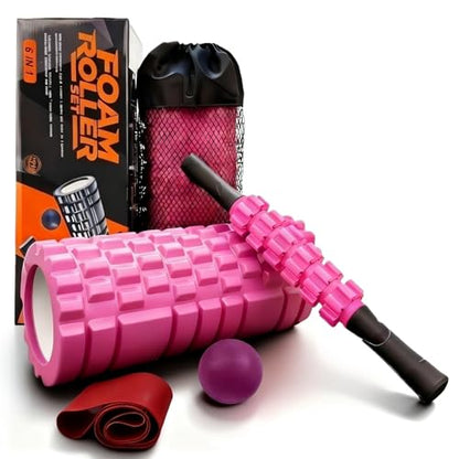 Aucuu 5 in 1 Foam Roller Set Includes Hollow Core Massage Roller, Yoga Stick, Massage Ball, Fitness Stretching Strap, Carrying Bag, Towel, Massage Roller (Pink) - color: Pink