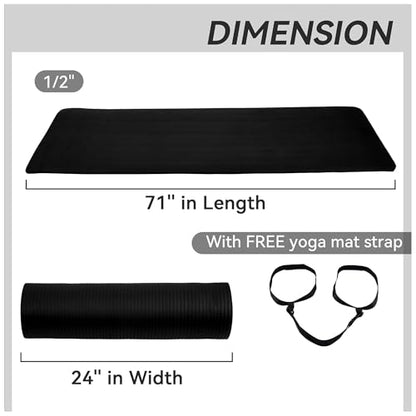 Fitvids Yoga Mat, 1/2-Inch Extra Thick High Density Exercise Mat, Anti-Tear Exercise Yoga Mat with Carrying Strap, Suitable for Various Yoga Exercises
