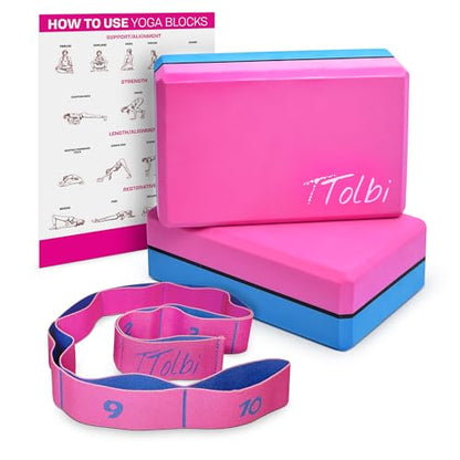 Yoga Blocks 2 Pack with Strap & Guide – Non-Slip EVA Foam Pilates Blocks for Home Workouts, Dance, Ballet, Gymnastics & Stretching Exercise | Ideal Dancer Gifts - color: Pink/Blue & Stretch Band Pink