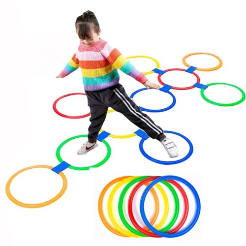 Hopscotch Rings- 11in Hopscotch Game Hoops Circles with 15 Connectors for Kids Balance Agility Training Obstacle Course, Children Birthday Fun Play Indoor Outdoor Backyard Playground Activity - color: 10 Rings of 11inch