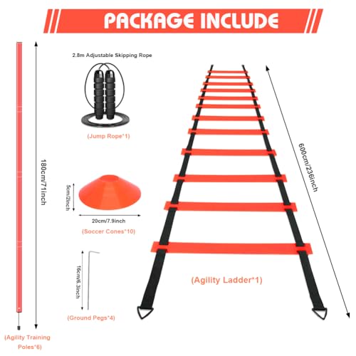 Agility Training Poles Equipment Soccer Training Equipment Includes 6 Agility Poles,Agility Ladder, 10 Soccer Cones,Jump Rope for Speed Training, Soccer Training, Basketball Athletes & Kids