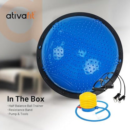 ATIVAFIT Balance Ball Trainer - Half Exercise Ball with Inflation Pump & Resistance Bands - Anti-Burst PVC Stability Trainer for Home Gym, Yoga, Core Training - 660 lbs Capacity