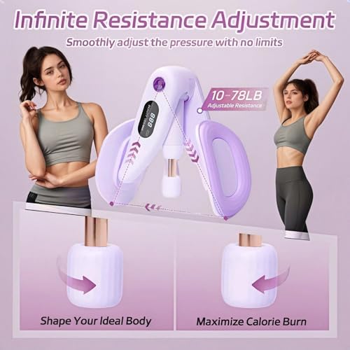 Upgraded Purple Inner Thigh Exerciser with LED Display, 0-70lb Adjustable Inner Thigh Exerciser, Pelvic Floor Muscle Trainer, 360°Hip Trainer for Women Postpartum Recovery