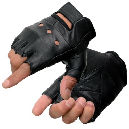 Milwaukee Leather SH216 Men's Black Leather Gel Padded Palm Fingerless Motorcycle Hand Gloves W/Breathable ‘Open Knuckle’