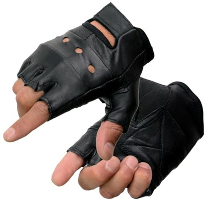 Milwaukee Leather SH216 Men's Black Leather Gel Padded Palm Fingerless Motorcycle Hand Gloves W/Breathable ‘Open Knuckle’