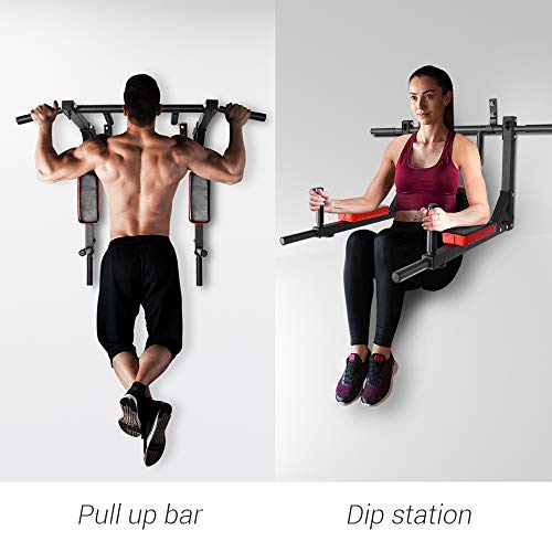 OneTwoFit Multifunctional Wall Mounted Pull Up Bar Chin Up bar Dip Station for Indoor Home Gym Workout, Power Tower Set Training Equipment Fitness Dip Stand Supports to 440 Lbs
