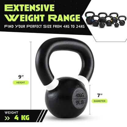 Rage Fitness Single Cast Iron Kettlebell | Powder Coated - Wide Handle Weights for Core & Glute Workouts; Swings, Squats, Deadlifts; Strength, Endurance & Flexibility for Men & Women - size: 4 KG