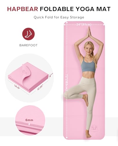 HAPBEAR Foldable Yoga Mat - 72"x24"x0.24" (6mm), Non-Slip TPE Exercise Mat for Home Workout, Yoga, Pilates,Stretching, & Travel, Durable & Eco-Friendly, Includes Carry Bag - color: Pink