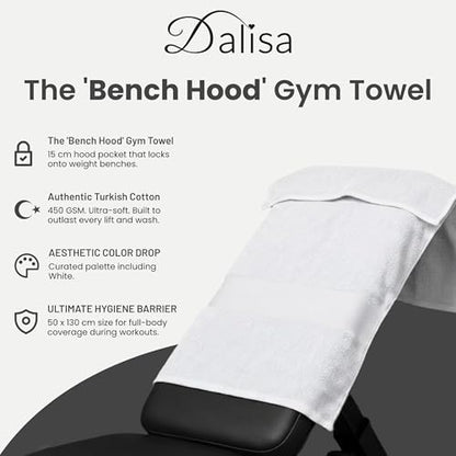 Dalisa Bench Hood Gym Towel – 100% Turkish Cotton – Non-Slip Hooded Design for Weight Benches – 450 GSM – 19.7" x 51.2" – Ultra-Absorbent, Quick-Dry Workout Towel – Made in Türkiye – White - color: White
