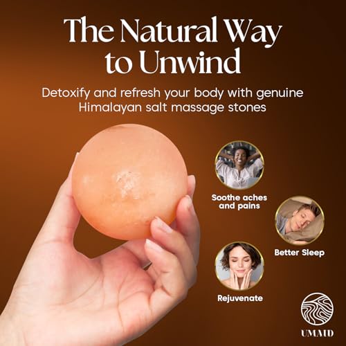 UMAID Himalayan Salt Massage Balls 6-Pack – Natural Himalayan Salt Massage Stones with Cotton Mesh Bag for Hot & Cold Muscle Relief, Spa Massage Therapy, Relaxation & Wellness Gifts for Men & Women