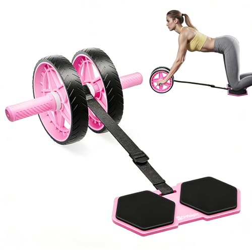 Double-Wheel Ab Roller for Core Training – Rebound Design with Adjustable Elastic Band, Silent Non-Slip Wheels, Detachable Build, Knee Pad & Bands – Home Gym Gear for Men/Women - color: Pink