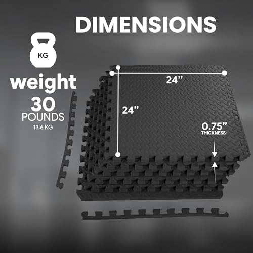 BalanceFrom 2-Pack 24-Count 24x24x0.75 Inch EVA Interlocking Foam Exercise Tile Mat, Black – Non-Slip Puzzle Flooring for Home Gym, Fitness Studio, or Playroom