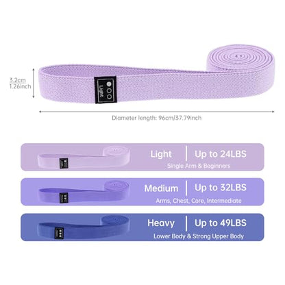 Fabric Resistance Bands - 3-Pack Set, Long Cloth Exercise Bands for Home Workout Strength Training, Yoga & Pilates | with Storage Bag - color: Light Pink, Light Purple, Dark Purple