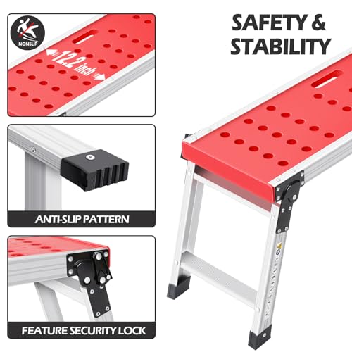 KINGRACK Folding Work Platform, Adjustable Step Ladder with Anti-Slip Feet Cover, Lightweight Stepladder with Safety Lock for Home, Office, Workshop and Garage, Maximum Load 330lbs
