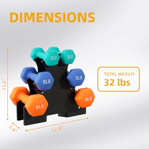 Neoprene Dumbbell Set with 3-Tier Rack - 1/2/3LB Pairs (Total 12LB), Non-Slip Strength Training Weights for Home Gym & Fitness Equipment (Beginners & Women)