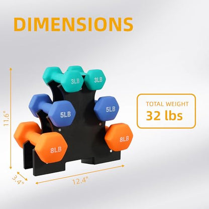 Neoprene Dumbbell Set with 3-Tier Rack - 1/2/3LB Pairs (Total 12LB), Non-Slip Strength Training Weights for Home Gym & Fitness Equipment (Beginners & Women)