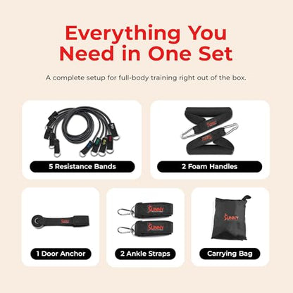 Sunny Health & Fitness Premium Resistance Band Set with Door Anchors, Wrist Straps, Handles Carry Bag Optional Padded Ankle Straps (Pair) for Strength Training, Booty Workout, Lower Body Exercises - style: NO. 089-COMBO