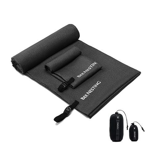 Bee Nesting Ultralight Quick Dry Towel, Extra Large&Small 2 Pack Microfiber Towels with Compact Packable Pocket for Lightweight Backpacking Travel Beach Gym Camping & Swimming Sports(Black 2 Set)