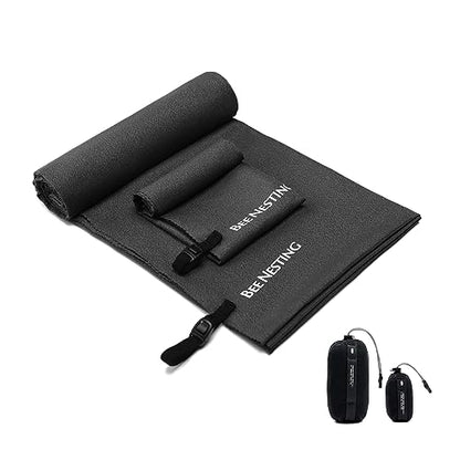 Bee Nesting Ultralight Quick Dry Towel, Extra Large&Small 2 Pack Microfiber Towels with Compact Packable Pocket for Lightweight Backpacking Travel Beach Gym Camping & Swimming Sports(Black 2 Set)
