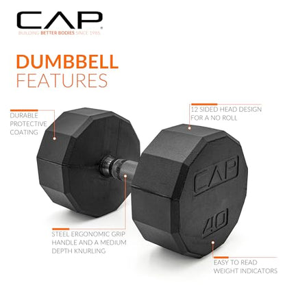 CAP Rubber Coated Dumbbell Weights, Free Weights for Home Gym Strength Training, Anti-Roll Hex Dumbbells with Black, Chrome & Comfort Grip Handles, Singles - size: 40 lb, style: 12-Sided - Black Handle