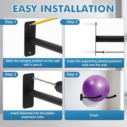Medicine Ball Rack, 2 Pairs Yoga Ball Racks, Exercise Ball Wall Holder, Fitness Ball Wall Rack for Gym, Garage Ladder Wall Mount, Metal Storage Wall Rack for Basketballs, Volleyballs