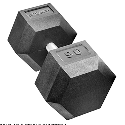 Rep Fitness Rubber Hex Dumbbell(s) - Singles (55LB +) and Pairs (5LB - 50LB) - Low Odor, Fully Knurled Handle - style: 90 LB SINGLE DB