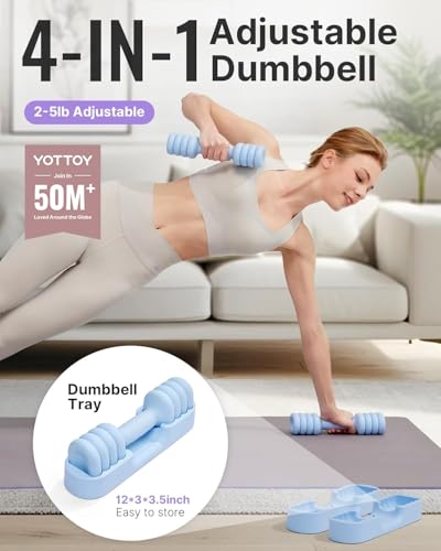 YOTTOY Adjustable Dumbbell Set of 2, 4-in-1 Hand Weights for Women at Home, Compact Free Weights Dumbbells Set with Soft Grip and Base, 2-5 lbs Each for Home Gym - color: Blue
