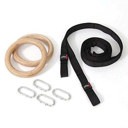 Wooden Gymnastics Rings with Adjustable Carabiner Clips - Full Body Workout Rings for Bodyweight Training, and Fitness - Gym Rings for Strength and Stability.