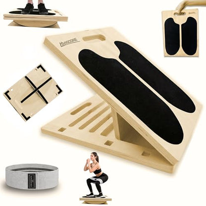 3-in-1 Adjustable Slant Board & Balance Board - Wooden Calf Stretcher and Squat Wedge - 5 Angle Incline Board for Stretching Equipment & Exercise - Includes Resistance Band - (400LBS)