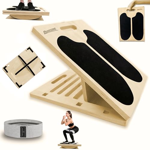 3-in-1 Adjustable Slant Board & Balance Board - Wooden Calf Stretcher and Squat Wedge - 5 Angle Incline Board for Stretching Equipment & Exercise - Includes Resistance Band - (400LBS)